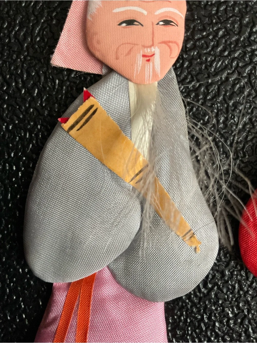 2 Vintage Chinese Folk Art Padded Silk & Cardboard Immortals Ornaments 5”